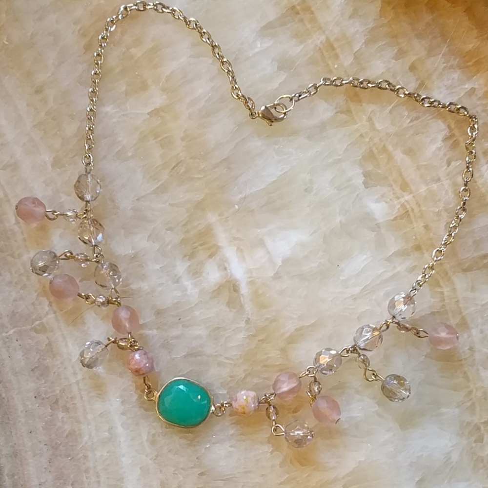 🌙 Chalcedony Crystal Gold Chain Glass Beads Nautical Pastel Boho 16" Necklace